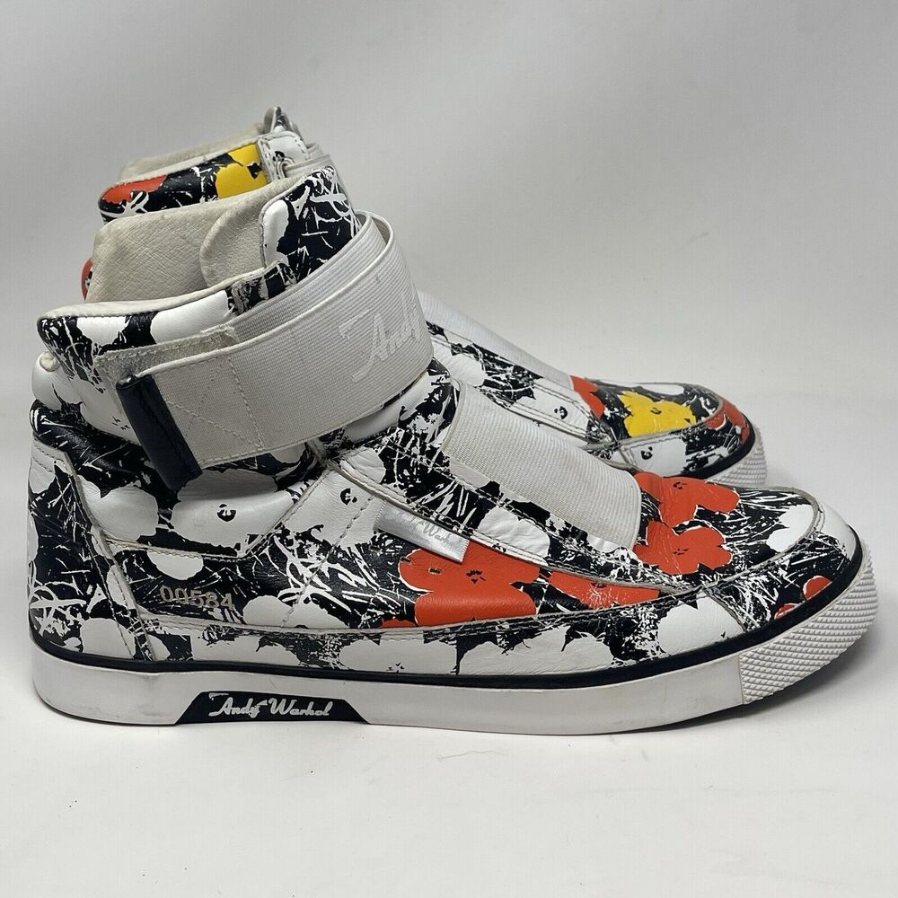 Andy Warhol Royal Elastics Sneakers Mens 12 Leather High Top Flowers Art Limited